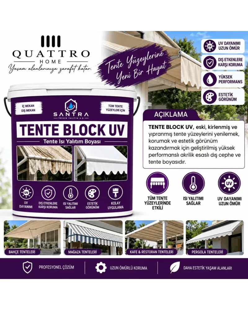 Tente Block UV Akrilik Tente Isı Yalıtım Boyası 18 KG– UV Dayanımlı, Suya ve Dış Etkenlere Dayanıklı Tente Yenileme Boyası