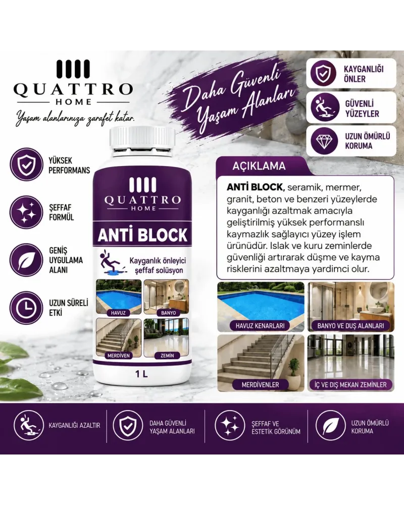 Quattro Home Anti Block 1 L Kayganlık Önleyici Şeffaf Solüsyon – Seramik, Mermer, Granit, Banyo ve Havuz Kenarı Kaymazlık Uygulaması