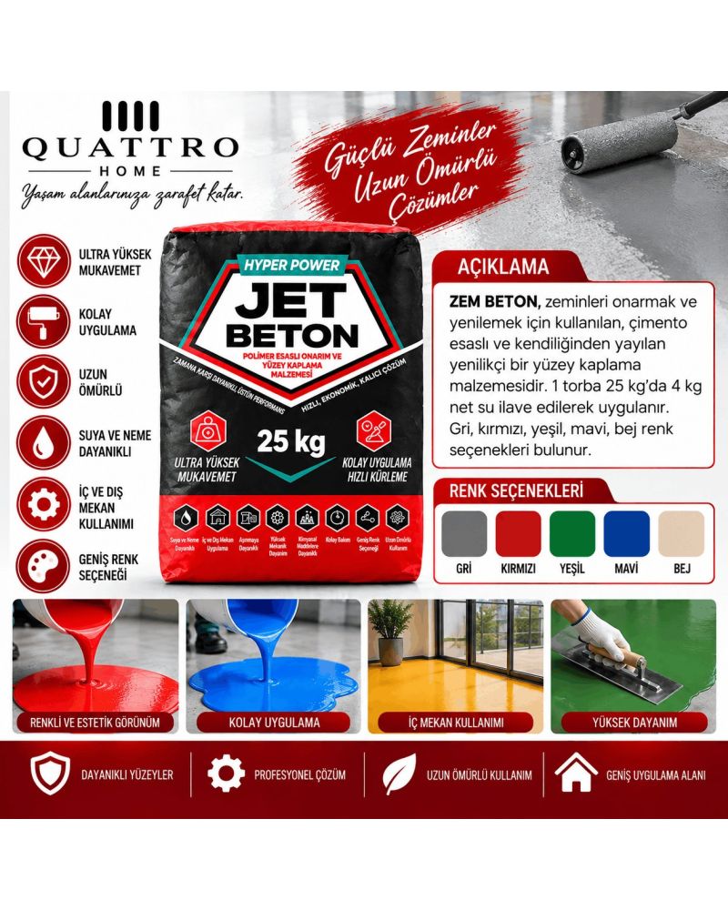 Jet Beton Hyper Power 25 KG Mavi Polimer Esaslı Kendiliğinden Yayılan Zemin Onarım ve Kaplama Harcı – Yüksek Mukavemetli Renkli Zemin Kaplaması