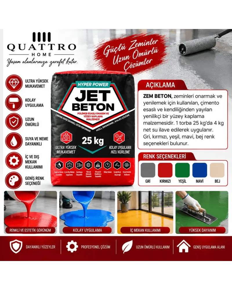 Jet Beton Hyper Power 25 KG Bej  Polimer Esaslı Kendiliğinden Yayılan Zemin Onarım ve Kaplama Harcı – Yüksek Mukavemetli Renkli Zemin Kaplaması