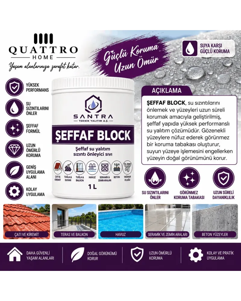 Şeffaf Block 1 L Su Yalıtım ve Sızıntı Önleyici Sıvı – Çatı, Teras, Balkon, Seramik ve Beton Yüzey Koruyucu