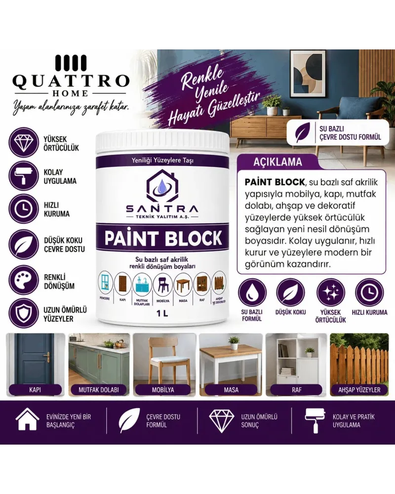 Paint Block 1 L Su Bazlı Saf Akrilik Mobilya ve Ahşap Dönüşüm Boyası – Kapı, Mutfak Dolabı, Masa ve Dekoratif Yüzey Boyası