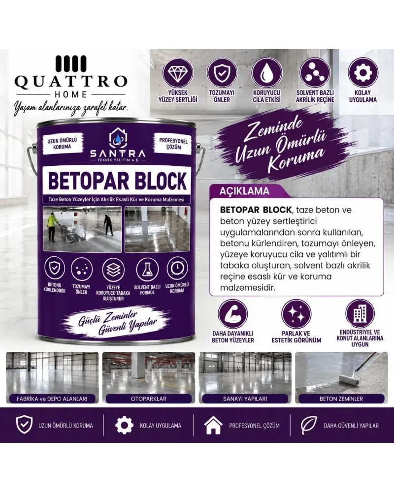 Betopar Block Solvent Bazlı Akrilik Beton Kür ve Yüzey Koruyucu 20L– Tozumayı Önleyici, Sertleştirici ve Parlak Beton Cilası