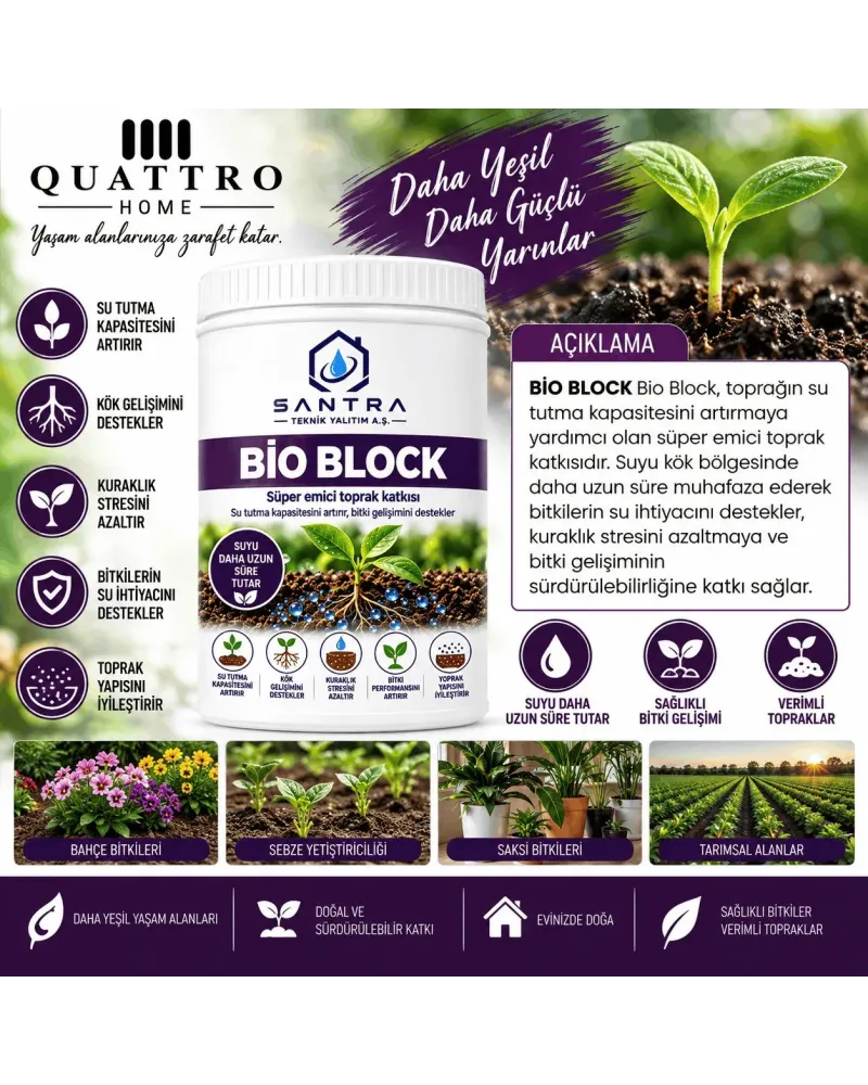Quattro Home Bio Block Süper Emici Toprak Katkısı 5KG – Su Tutucu, Kök Gelişimini Destekleyen Bahçe, Saksı ve Tarım Toprağı Düzenleyici