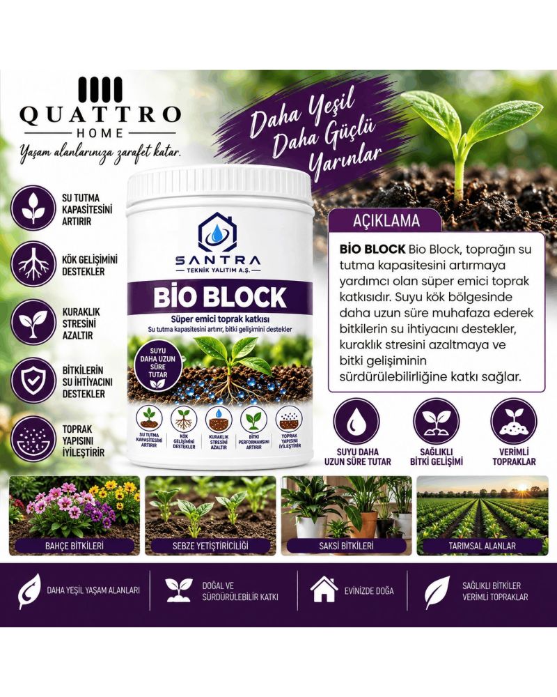 Quattro Home Bio Block Süper Emici Toprak Katkısı 5KG – Su Tutucu, Kök Gelişimini Destekleyen Bahçe, Saksı ve Tarım Toprağı Düzenleyici