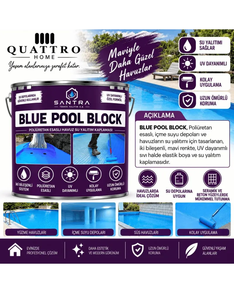Quattro Home Blue Pool Block Poliüretan Esaslı Havuz Su Yalıtım Kaplaması 15+2 KG – Çift Bileşenli, UV Dayanımlı, Mavi Elastik İzolasyon Boyası