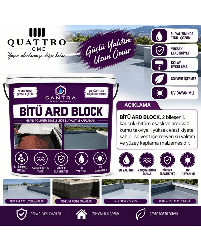 Quattro Home Bitü Ard Block Çift Bileşenli Kauçuk Bitüm Esaslı Su Yalıtım Kaplaması 20 KG– UV Dayanımlı, Elastik, Solventsiz Likit Membran