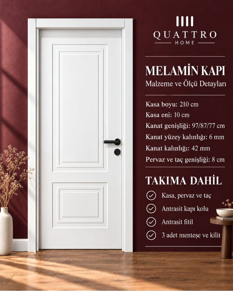 Quattro Home Beyaz Çift Panelli Melamin İç Oda Kapısı – Antrasit Kollu 90 lık  dıştan dışa 97/210