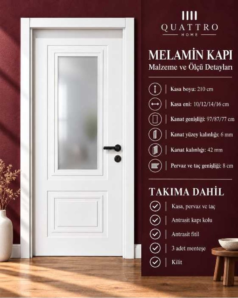 Quattro Home Beyaz Buzlu Camlı Çift Panelli Melamin İç Oda Kapısı 90 lık  dıştan dışa 97/210
