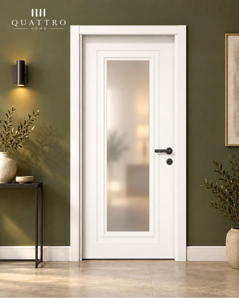 Quattro Home Beyaz Buzlu Camlı Melamin İç Oda Kapısı – Antrasit Kollu  80 lik kasa dışdan dışa  87/210