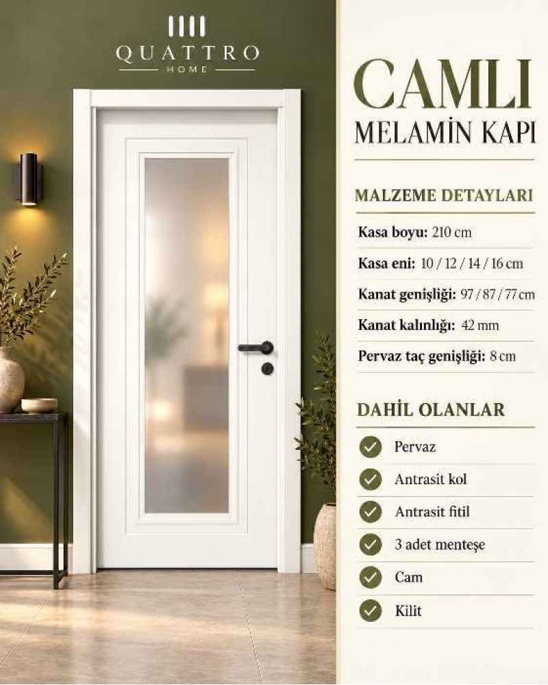 Quattro Home Beyaz Buzlu Camlı Melamin İç Oda Kapısı – Antrasit Kollu 90 lık camlı kapı  dıştan dışa 97/210