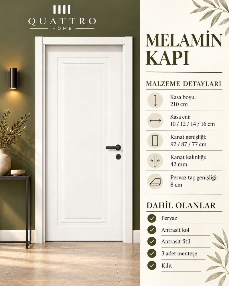 77/210 Quattro Home Beyaz Melamin wc Oda Kapısı – Antrasit Kollu, Pervazlı