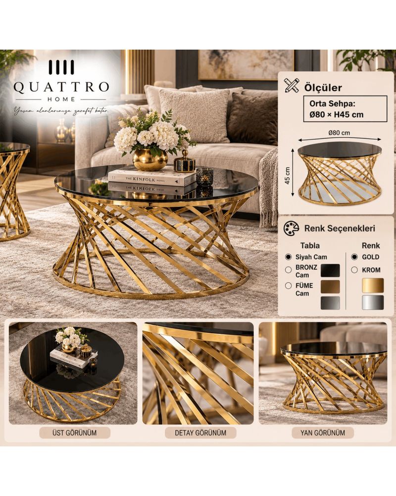 Gold Metal Ayaklı Çapraz Desenli Yuvarlak Cam Orta Sehpa 80 cm