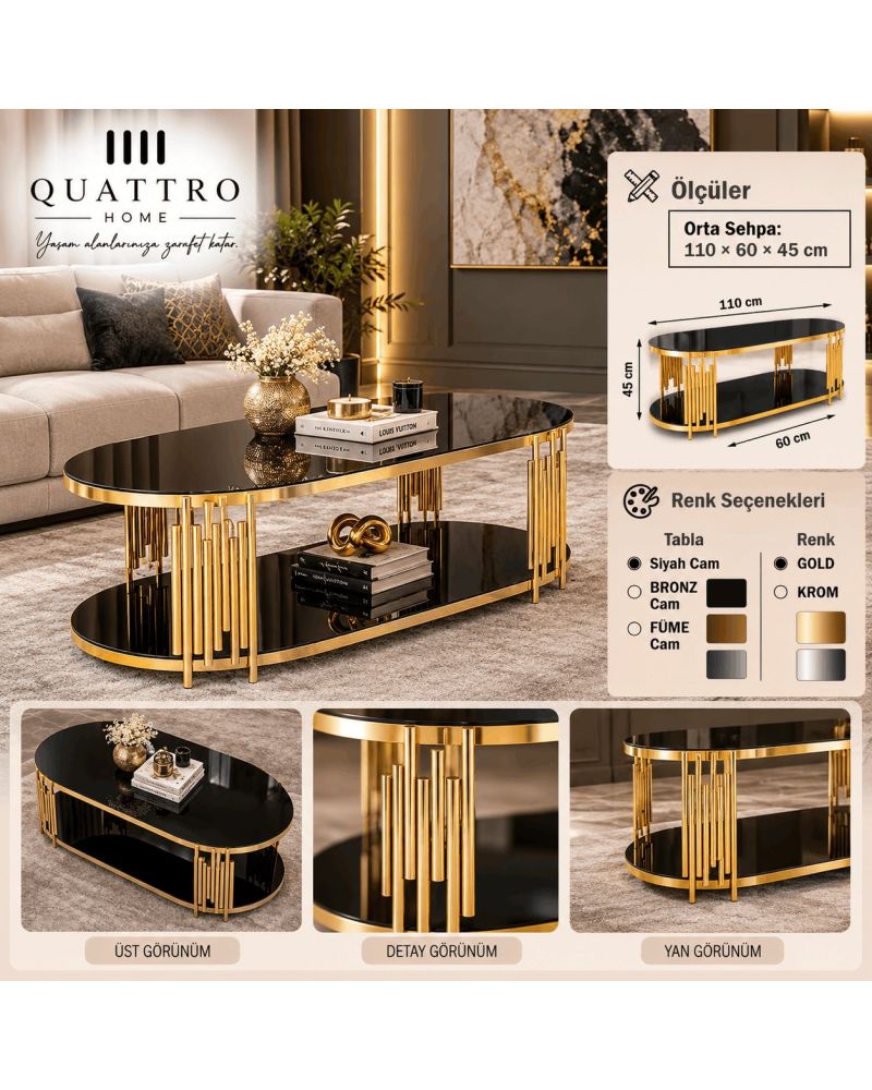 Gold Metal Ayaklı Çift Katlı Oval Cam Orta Sehpa 110 cm