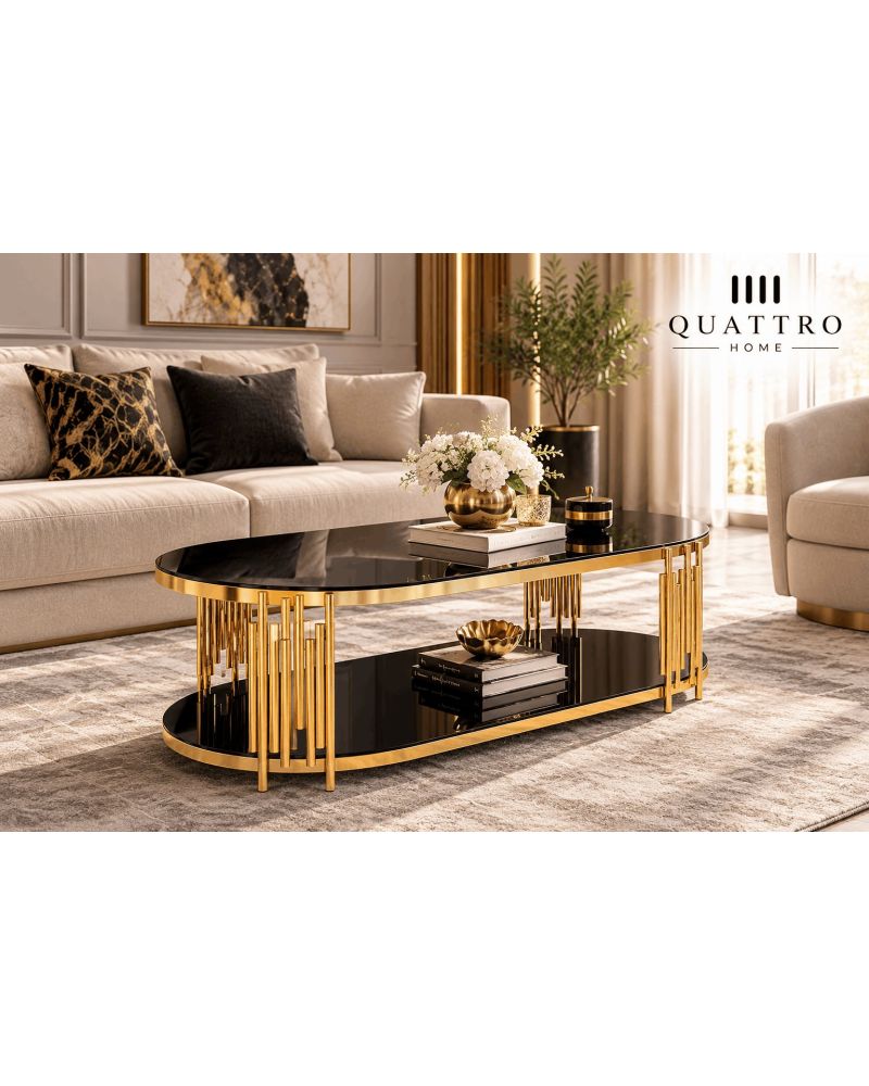 Gold Metal Ayaklı Çift Katlı Oval Cam Orta Sehpa 110 cm