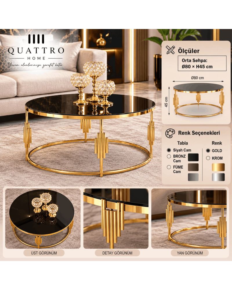 Gold Metal Ayaklı Siyah Cam Yuvarlak Orta Sehpa – 80 cm