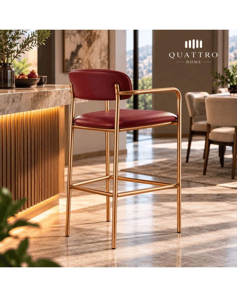 Bordo Deri Görünümlü Rose Gold Metal Ayaklı Kolçaklı Bar Sandalyesi
