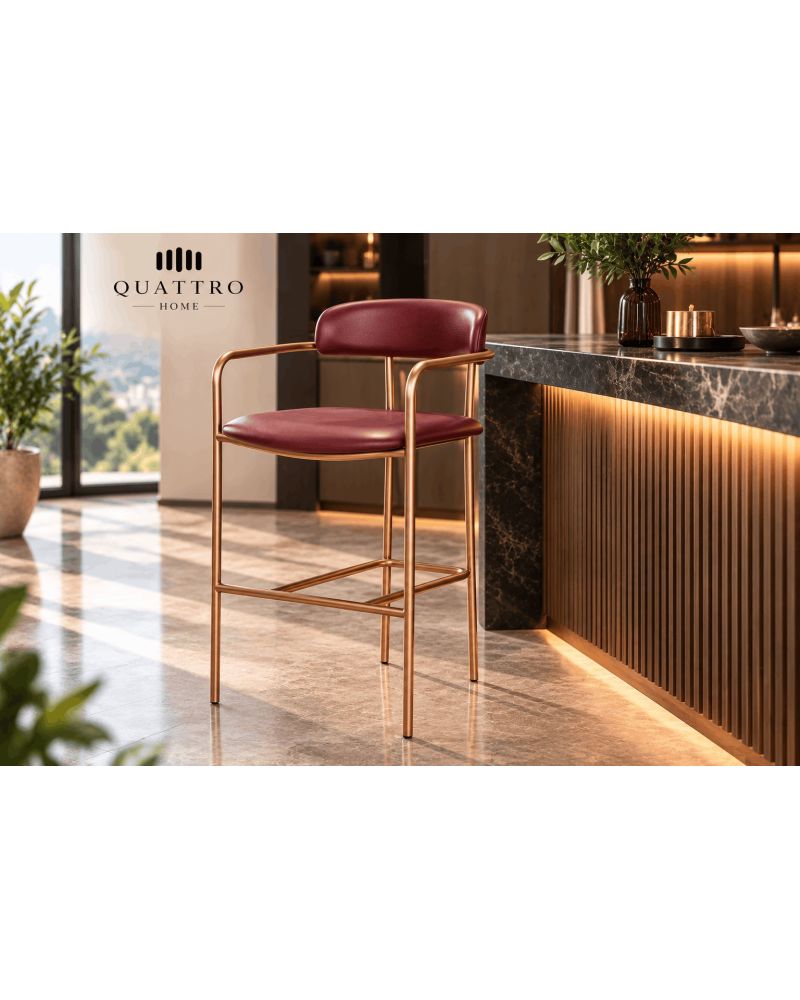 Bordo Deri Görünümlü Rose Gold Metal Ayaklı Kolçaklı Bar Sandalyesi