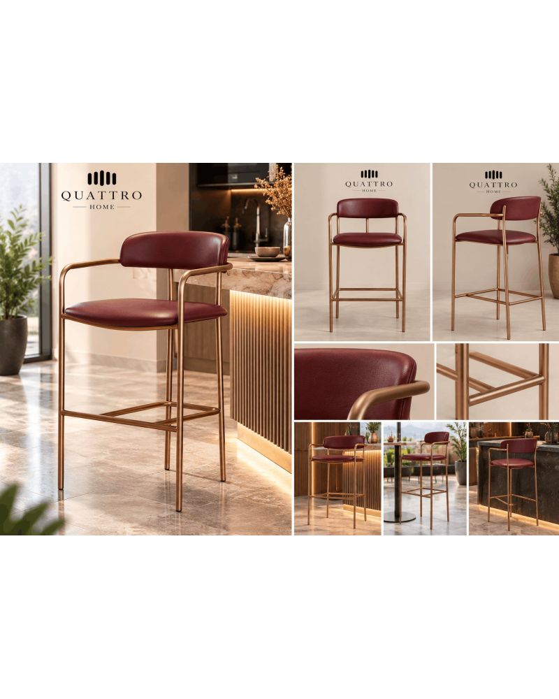 Bordo Deri Görünümlü Rose Gold Metal Ayaklı Kolçaklı Bar Sandalyesi