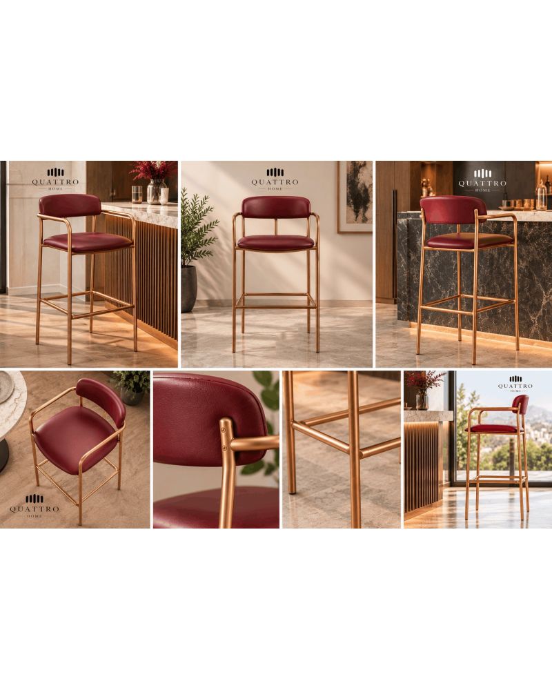 Bordo Deri Görünümlü Rose Gold Metal Ayaklı Kolçaklı Bar Sandalyesi