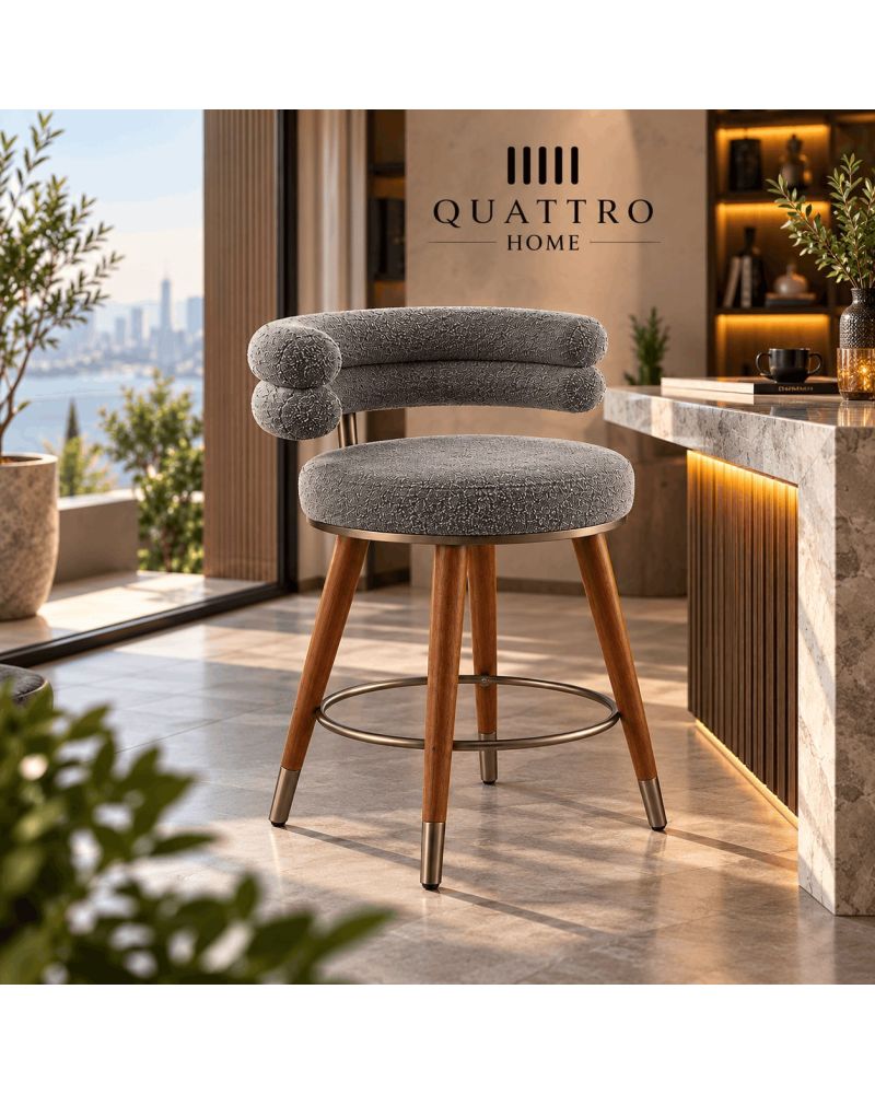 Gri Bukle Kumaşlı Ahşap Ayaklı Yuvarlak Bar Sandalyesi