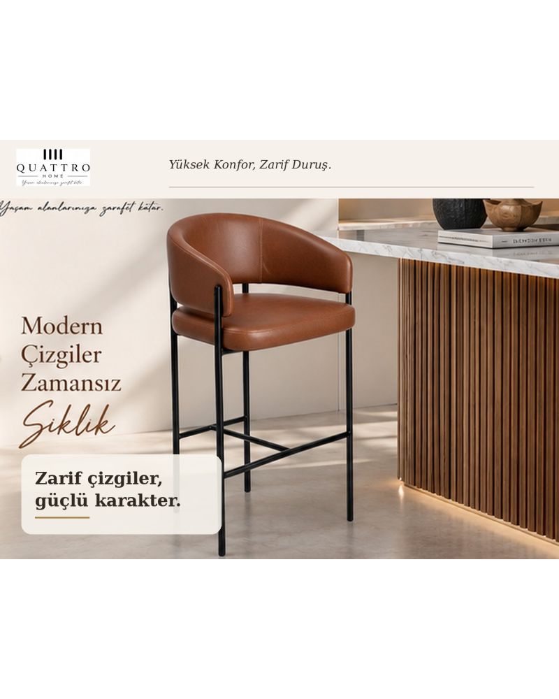 Kahverengi Siyah Metal Ayaklı Bar Sandalyesi