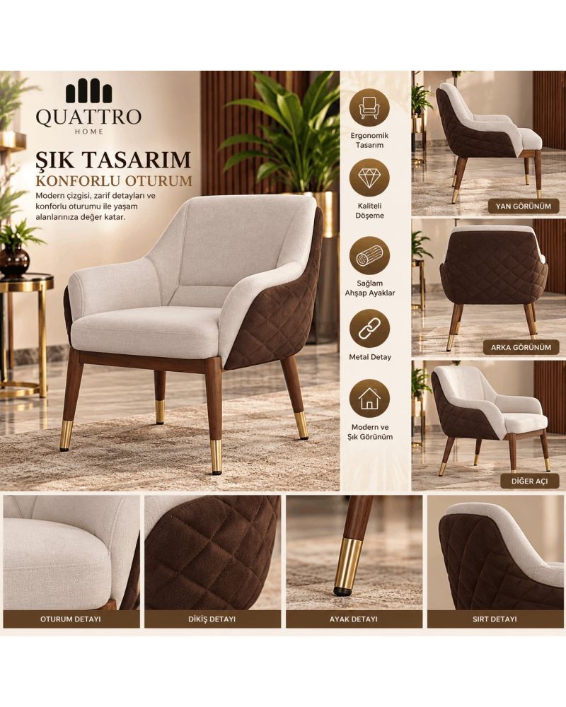 Krem Kumaşlı Ceviz Ahşap Ayaklı Gold Detaylı Modern Berjer
