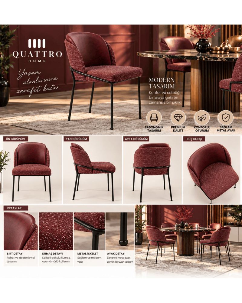 Bordo Dokulu Kumaşlı Siyah Metal Ayaklı Modern Yemek Sandalyesi