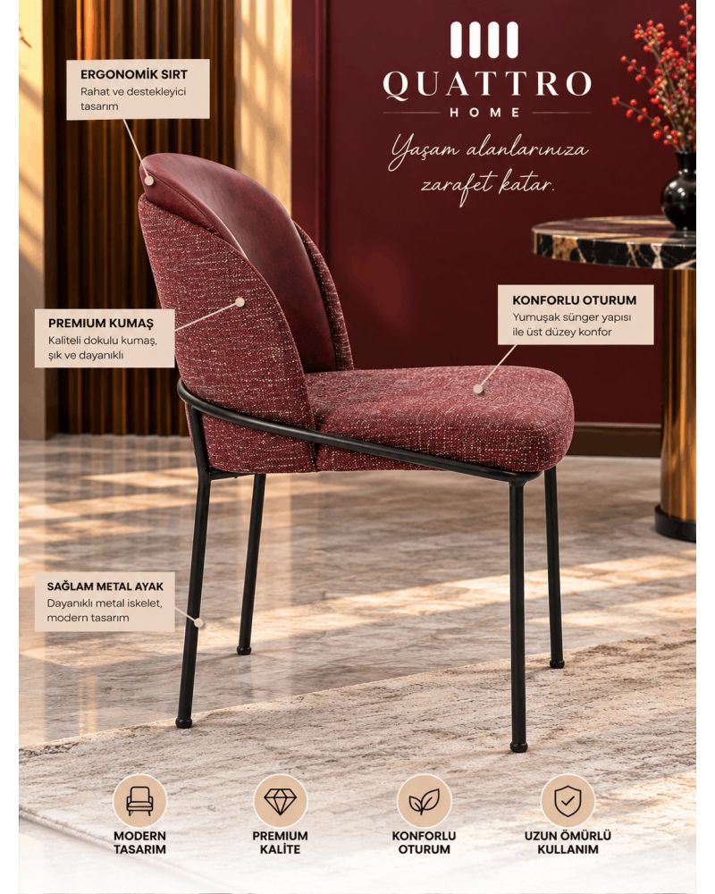 Bordo Dokulu Kumaşlı Siyah Metal Ayaklı Modern Yemek Sandalyesi