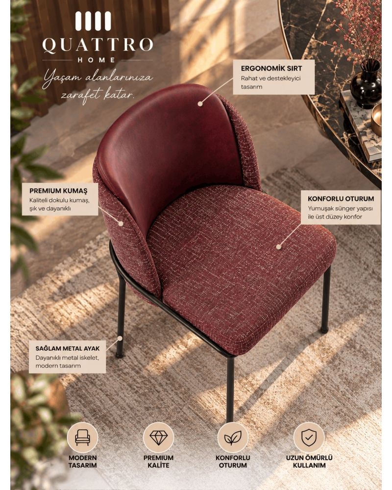 Bordo Dokulu Kumaşlı Siyah Metal Ayaklı Modern Yemek Sandalyesi