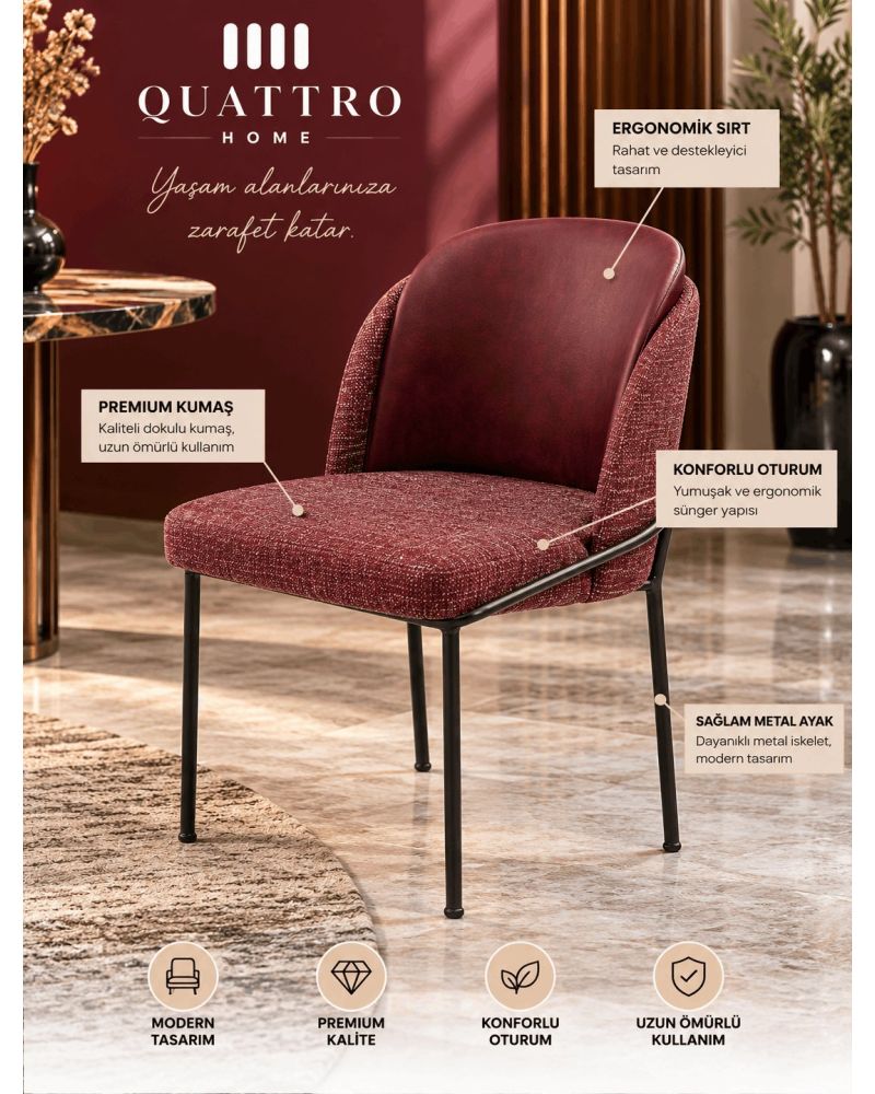 Bordo Dokulu Kumaşlı Siyah Metal Ayaklı Modern Yemek Sandalyesi