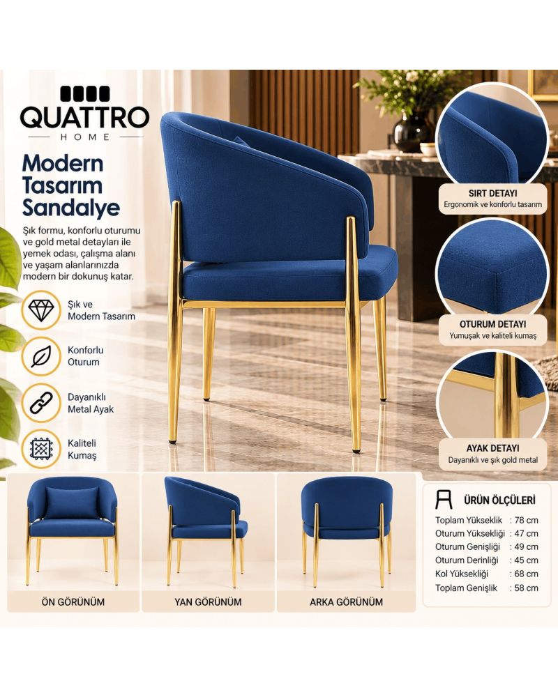 Saks Mavisi Kumaşlı Gold Metal Ayaklı Kolçaklı Modern Yemek Sandalyesi
