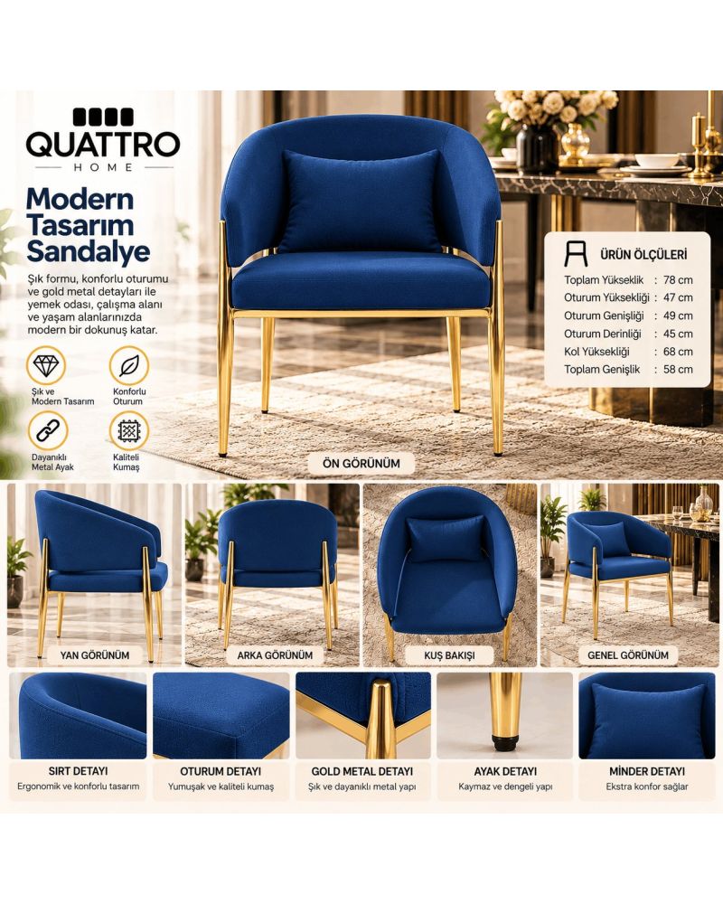 Saks Mavisi Kumaşlı Gold Metal Ayaklı Kolçaklı Modern Yemek Sandalyesi