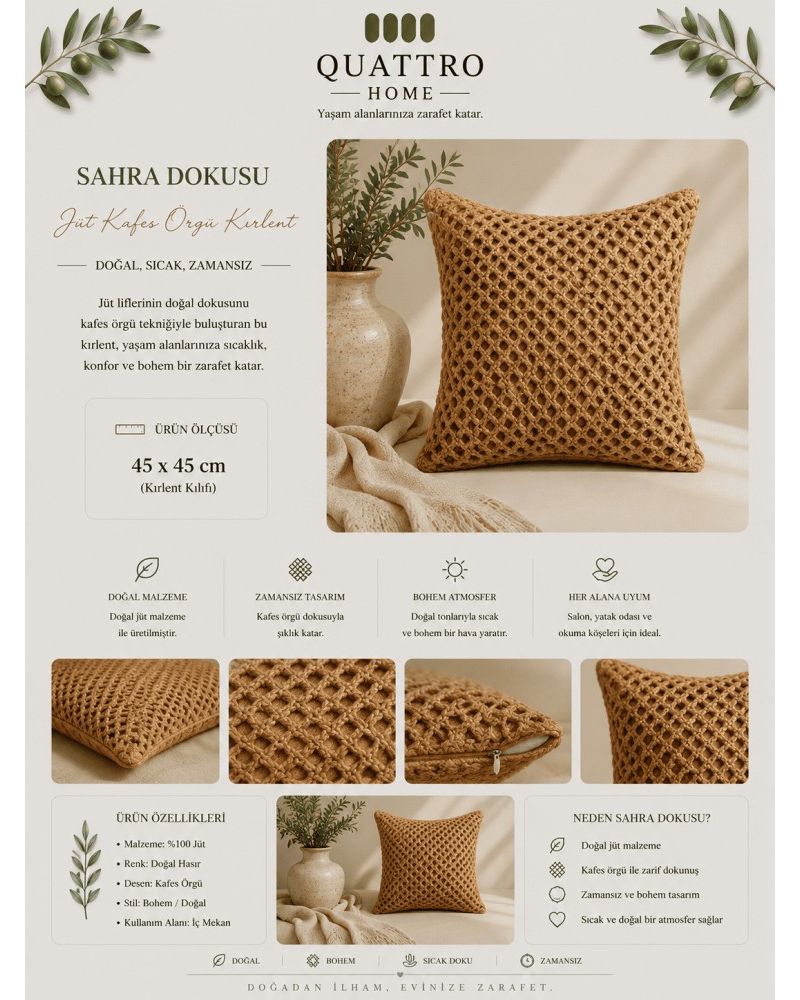 Jüt Kafes Örgü Kırlent Dekoratif Bohem Yastık Kılıfı