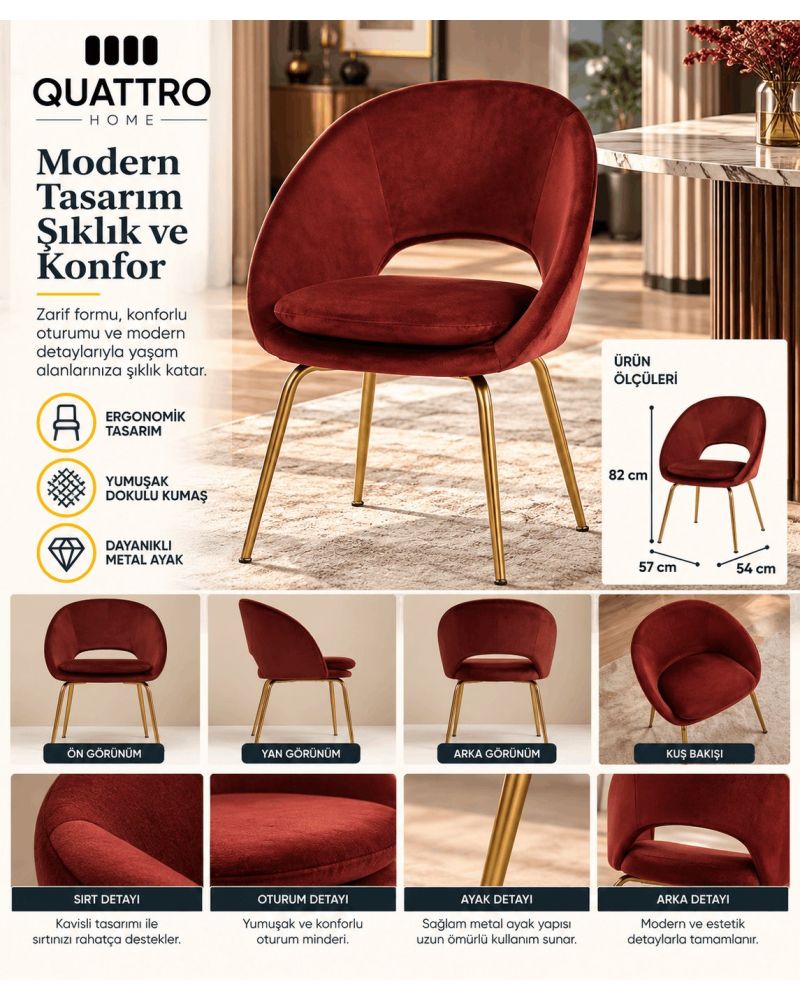 Bordo Kadife Kumaşlı Gold Metal Ayaklı Kavisli Sırtlı Yemek Sandalyesi