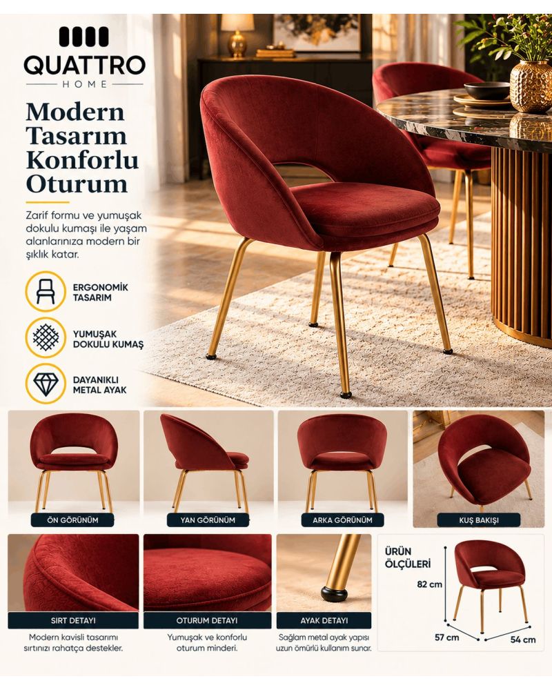 Bordo Kadife Kumaşlı Gold Metal Ayaklı Kavisli Sırtlı Yemek Sandalyesi