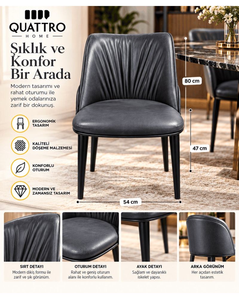 Antrasit Deri Görünümlü Dikiş Detaylı Siyah Metal Ayaklı Yemek Sandalyesi
