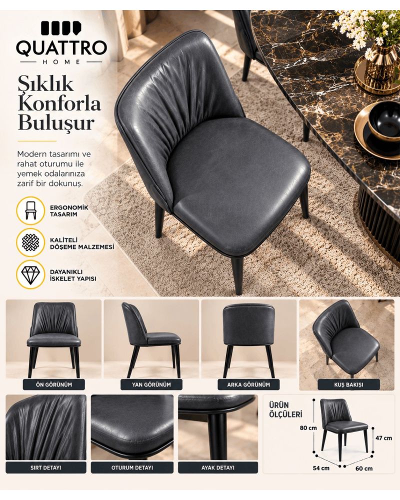 Antrasit Deri Görünümlü Dikiş Detaylı Siyah Metal Ayaklı Yemek Sandalyesi