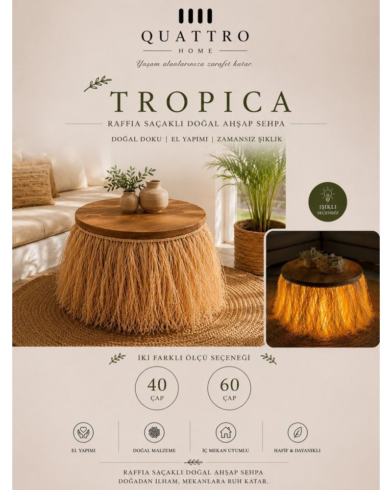 TROPICA Rafya Saçaklı Sehpa Kayın Ağacı Demonte
