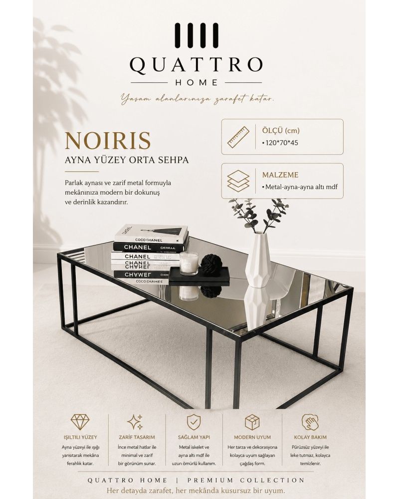 Quattro Home Noiris Dikdörtgen Ayna Yüzey Orta Sehpa Siyah Metal Ayaklı 120x70x45 cm