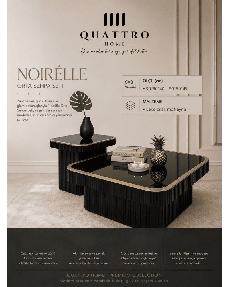 Quattro Home Noirélle Kavisli Kare Orta Sehpa Seti Siyah Gold Lake Cilalı MDF Aynalı 90x90x40 50x50x49 cm