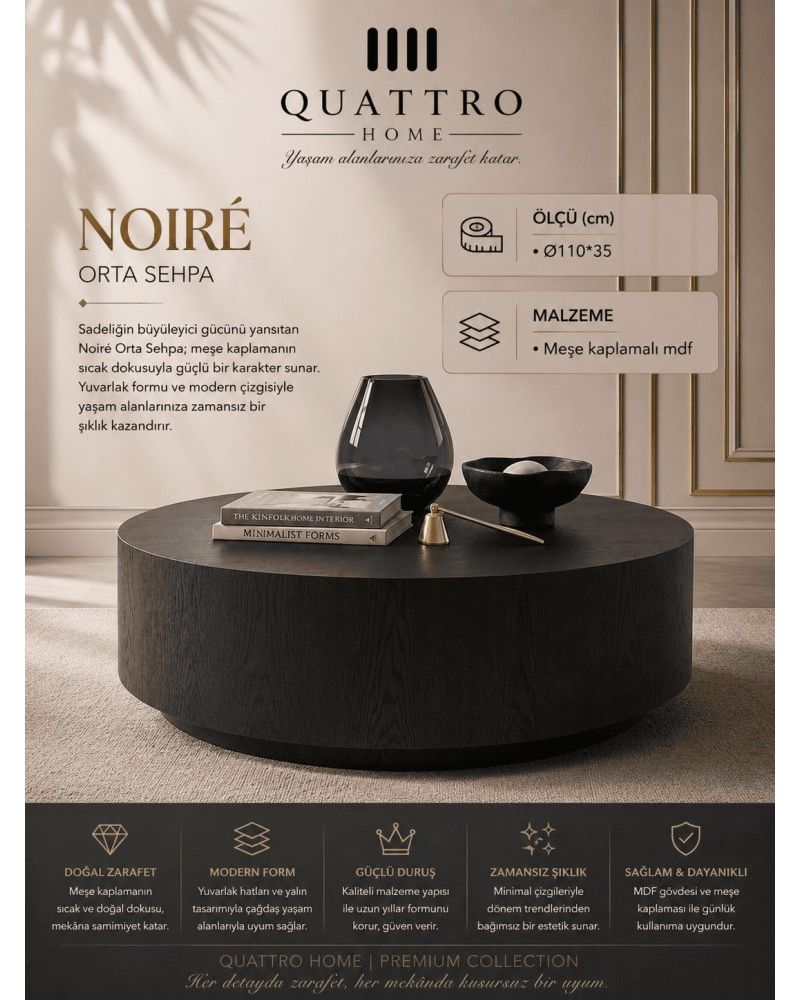 Quattro Home Noiré Yuvarlak Meşe Kaplamalı MDF Orta Sehpa Siyah Ø110x35 cm