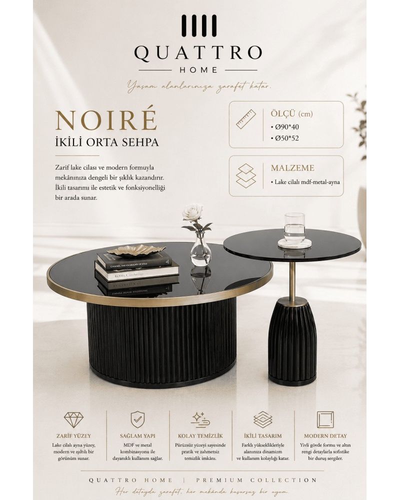 Quattro Home Noiré Yuvarlak İkili Orta Sehpa Siyah Gold Lake Cilalı MDF Metal Aynalı Yüzey Ø90x40 Ø50x52 cm