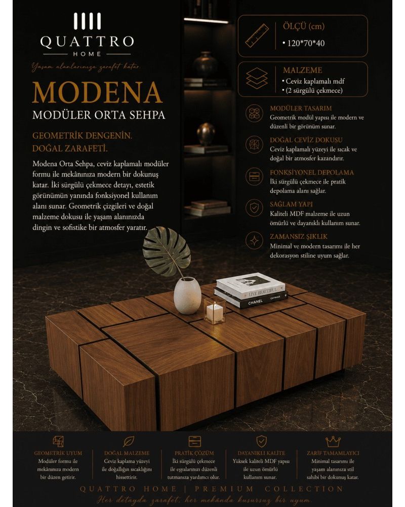 Quattro Home Modena Dikdörtgen Modüler Ceviz Kaplamalı 2 Çekmeceli Orta Sehpa 120x70x40 cm