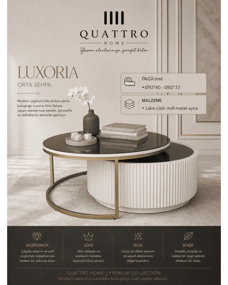 Quattro Home Luxoria Yuvarlak Orta Sehpa Seti Lake Cilalı MDF Metal Aynalı Yüzey Ø92x40 Ø82x33 cm