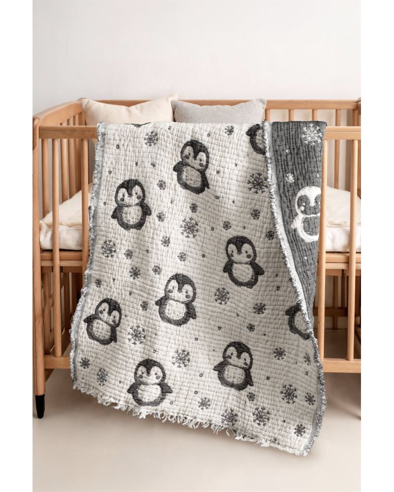 Penguen Desen Müslin Bebek Örtüsü - Siyah