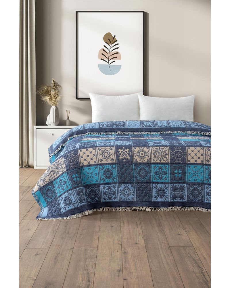 Patchwork Müslin Yorgan/Yatak Örtüsü - Mavi