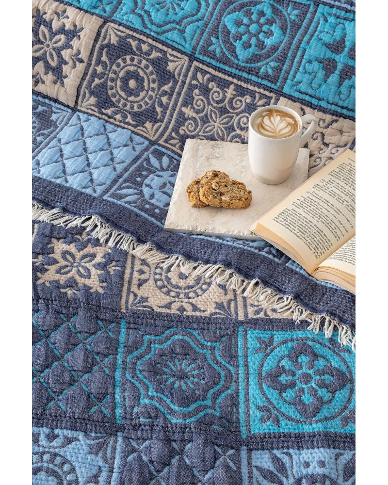Patchwork Müslin Yorgan/Yatak Örtüsü - Mavi