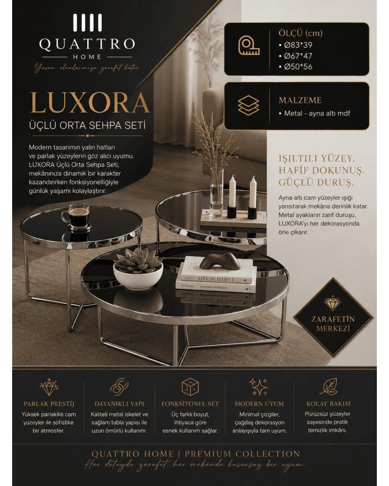 Quattro Home Luxora Yuvarlak Üçlü Orta Sehpa Seti Metal Aynalı Yüzey Ayna Altı MDF Ø83x39 Ø67x47 Ø50x56 cm