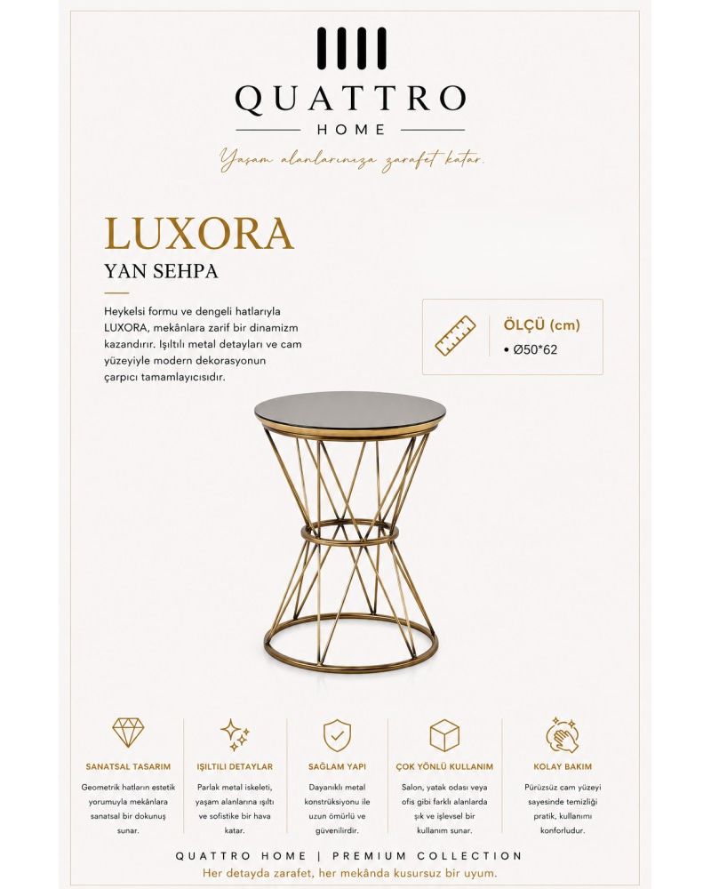 Quattro Home Luxora Yuvarlak Geometrik Yan Sehpa Gold Metal Gövdeli Cam Yüzey Ø50x62 cm